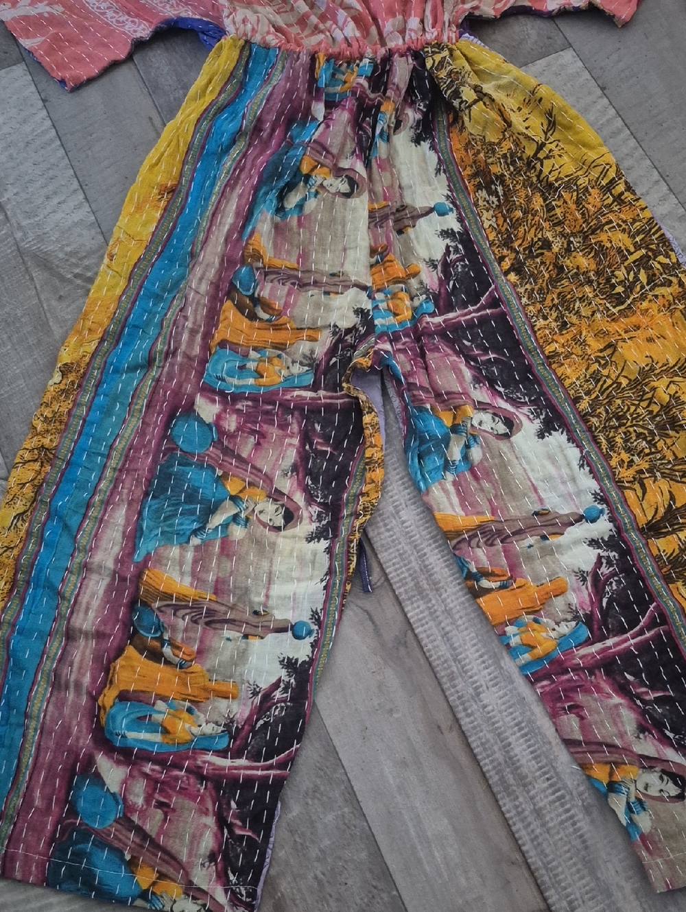 Custom High Quality Kantha Bohemian Patchwork Wide-Leg Jumpsuit Adjustable NWT - Picture 9 of 11